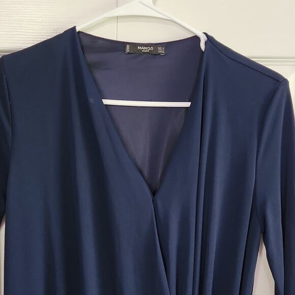 Mango Navy Blue Faux Wrap Dress Size 4 Midi Academia Long Sleeve Business - Picture 5 of 10